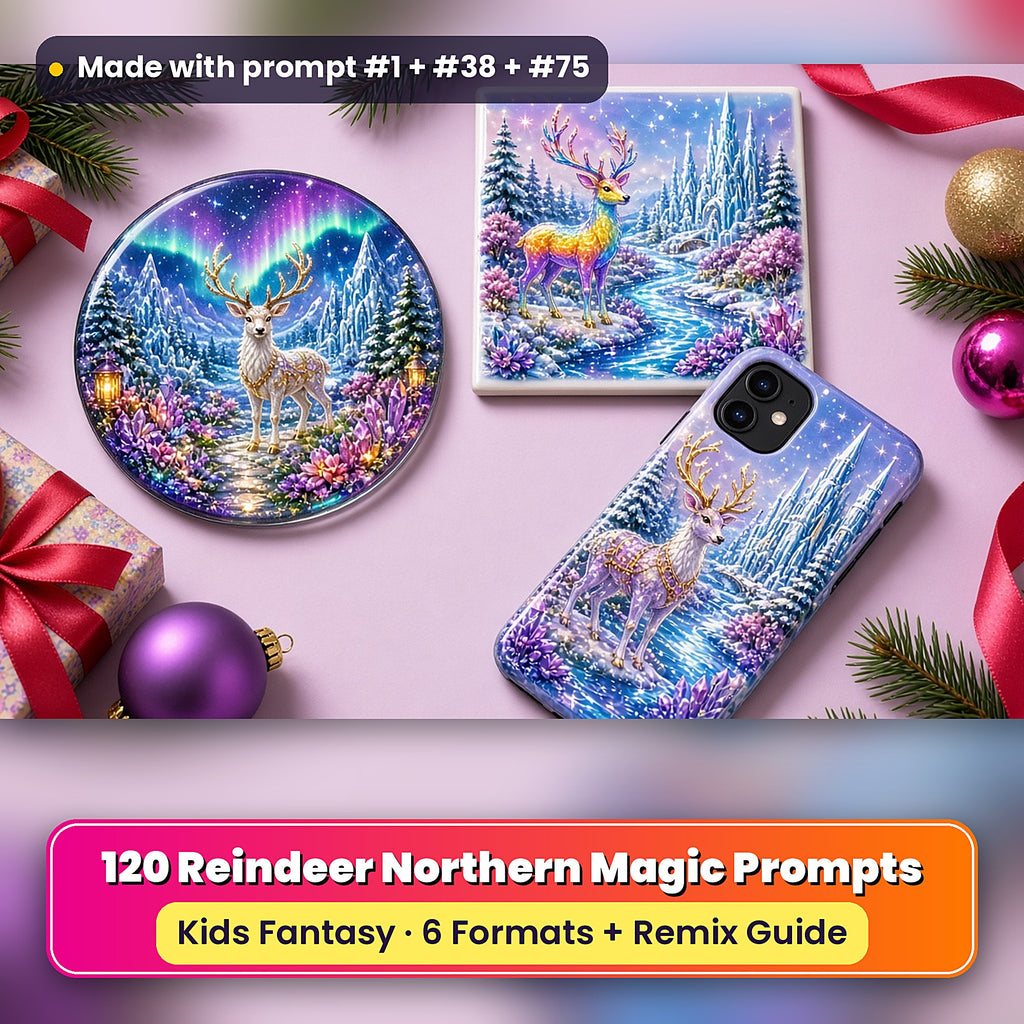 Reindeer Northern Magic kids fantasy prompt pack: UV-printed coaster, tile and phone case set mockup, made with prompt #1 + #38 + #75