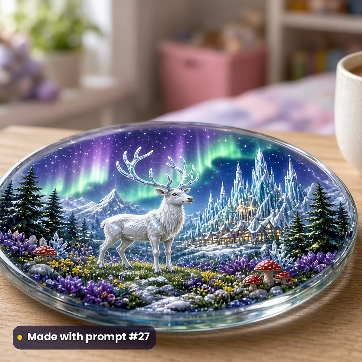 Reindeer Northern Magic kids fantasy prompt pack: UV-printed glass coaster mockup, made with prompt #27