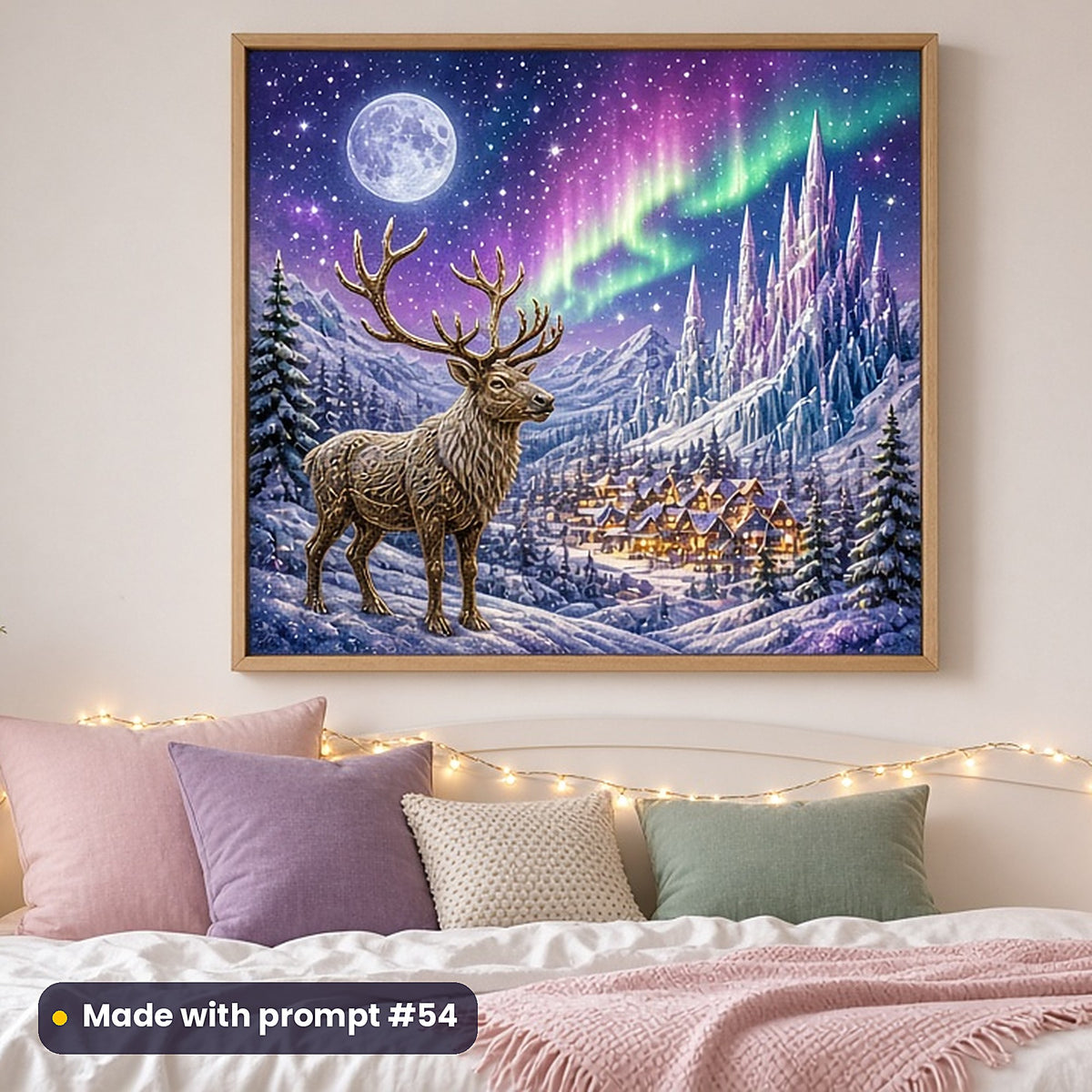 Reindeer Northern Magic kids fantasy prompt pack: framed nursery print mockup, made with prompt #54