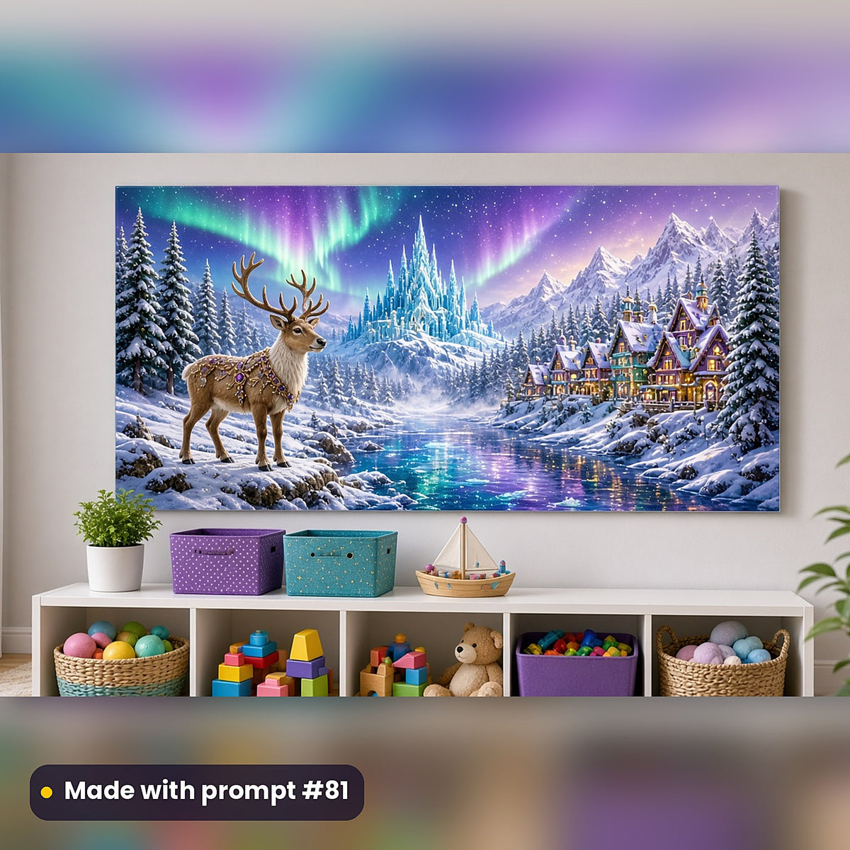 Reindeer Northern Magic kids fantasy prompt pack: acrylic wall panel above a toy shelf mockup, made with prompt #81