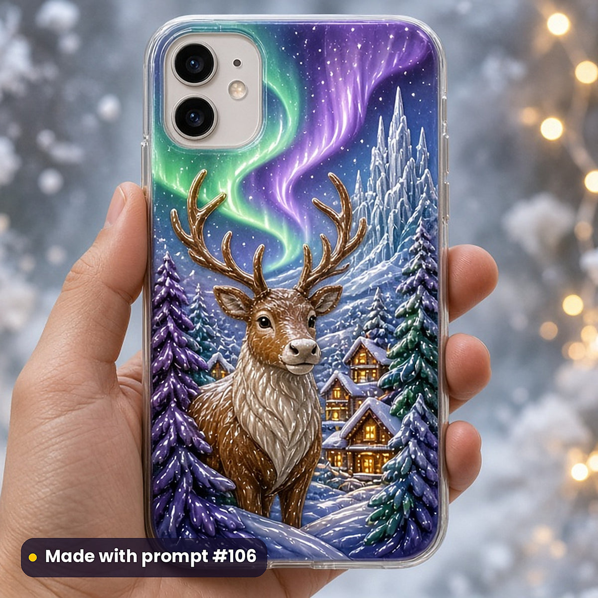 Reindeer Northern Magic kids fantasy prompt pack: UV-printed phone case mockup, made with prompt #106
