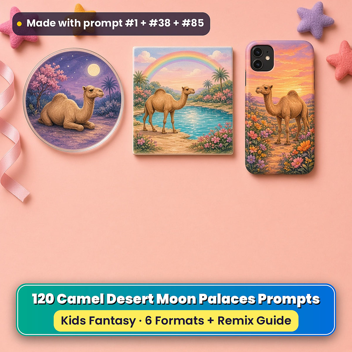 Camel Desert Moon Palaces kids' fantasy prompt pack title card with UV-printed coaster, tile and phone case, made with prompt #1 + #38 + #85