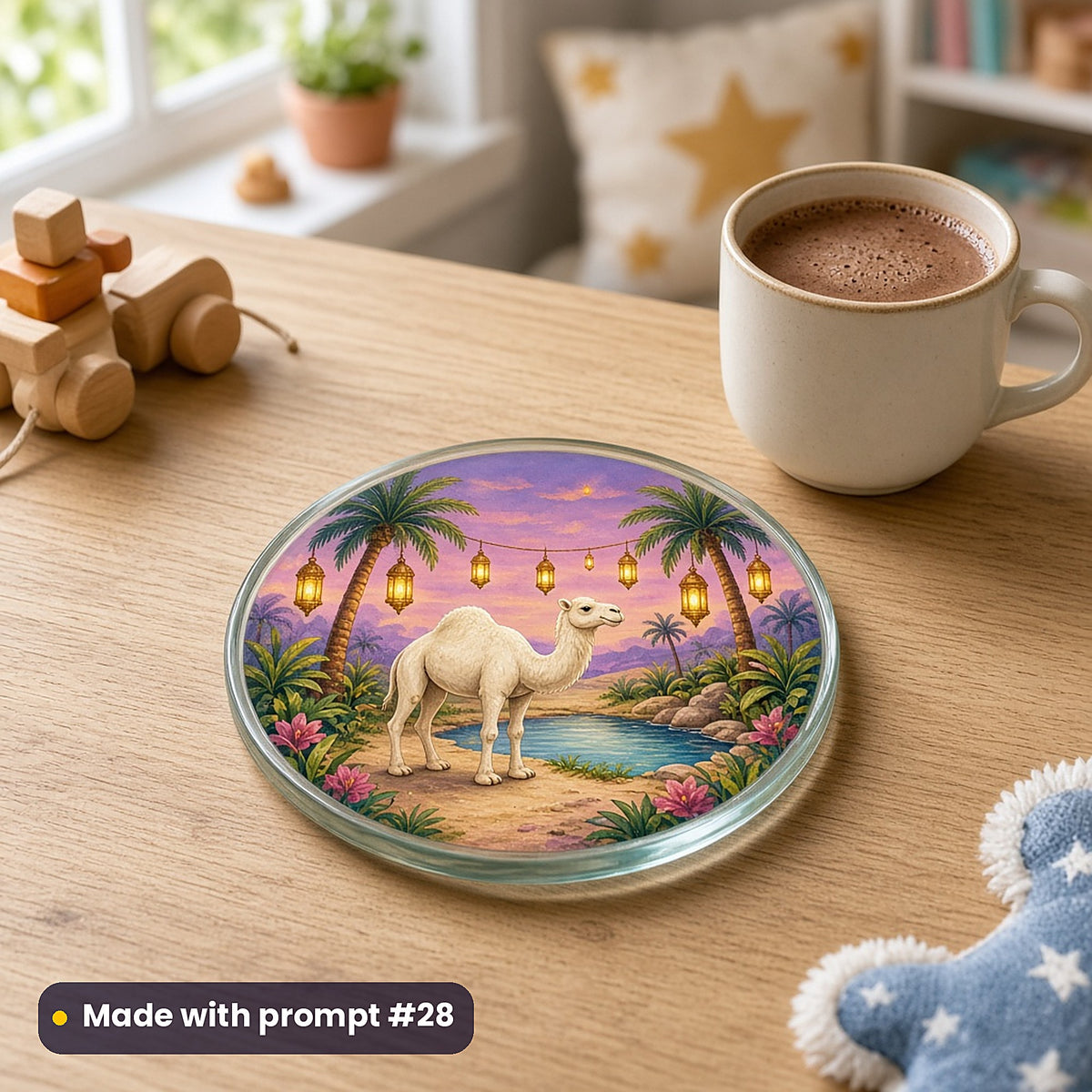 Camel Desert Moon Palaces kids' fantasy artwork UV-printed on a glass coaster, made with prompt #28