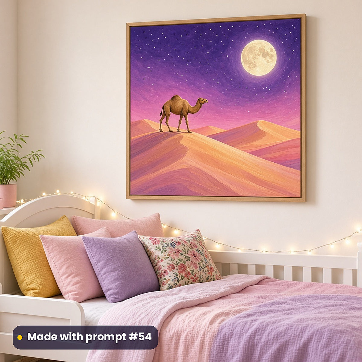 Camel Desert Moon Palaces kids' fantasy artwork UV-printed on a framed print, made with prompt #54