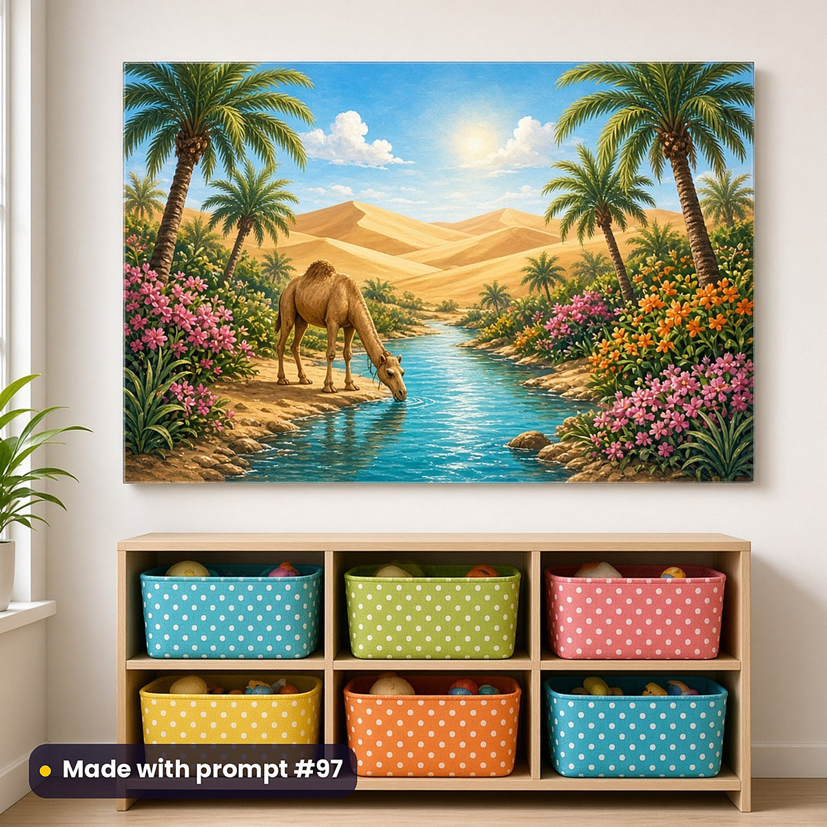 Camel Desert Moon Palaces kids' fantasy artwork UV-printed on an acrylic wall panel, made with prompt #97