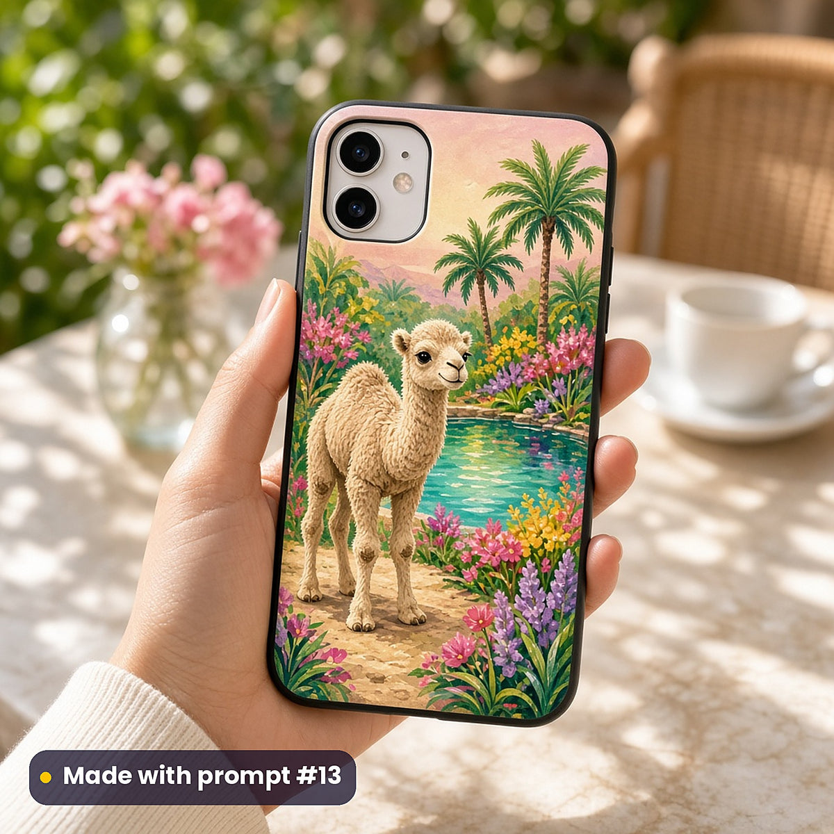 Camel Desert Moon Palaces kids' fantasy artwork UV-printed on a phone case, made with prompt #13