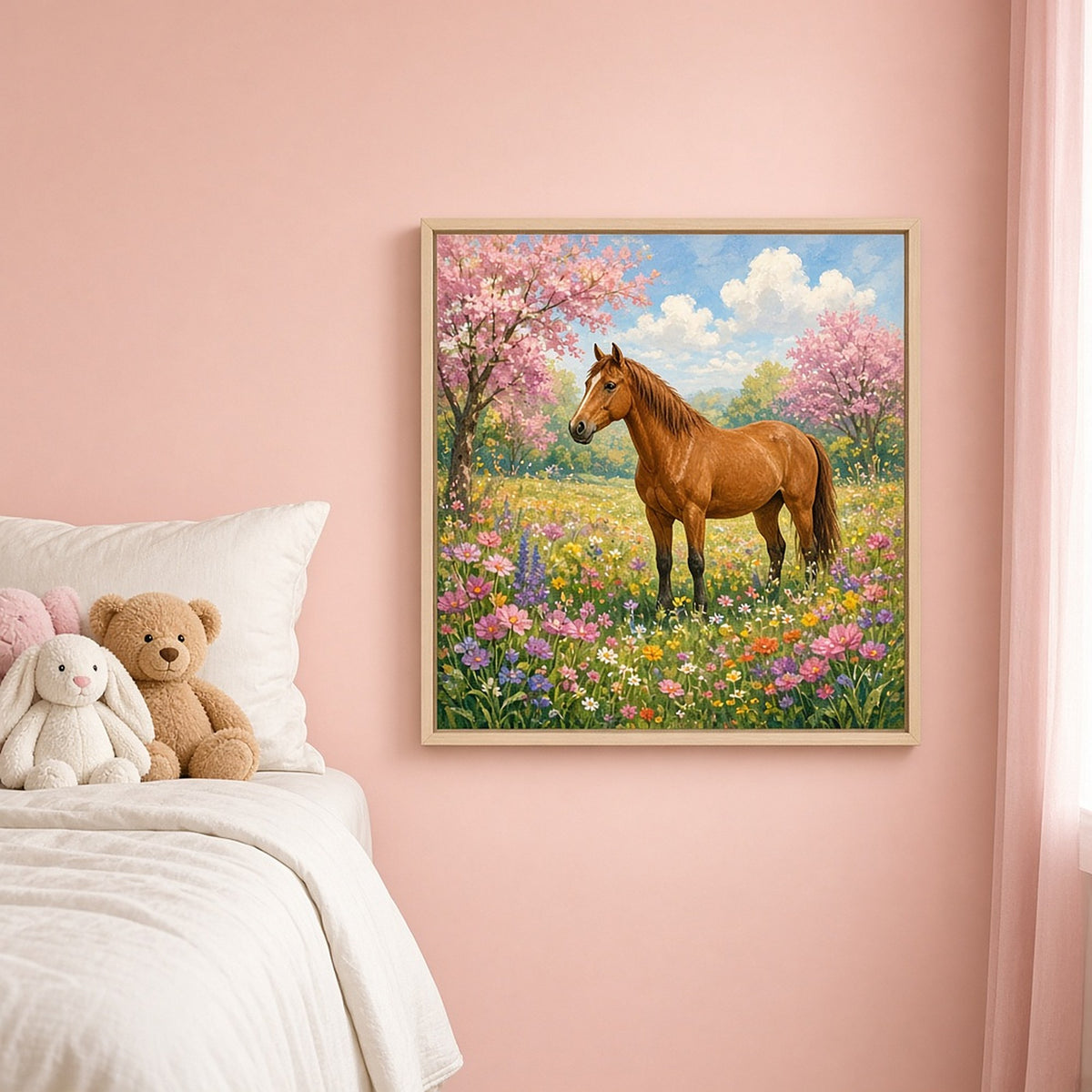 Chestnut horse standing in a wildflower meadow under pink blossom trees printed flat on a framed print in a child's bedroom, made with prompt #11