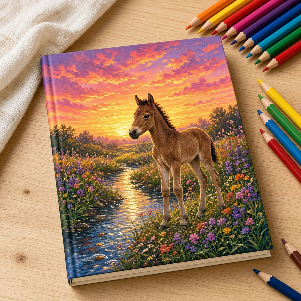 Foal beside a sparkling stream at sunset among wildflowers printed flat on a notebook, made with prompt #55