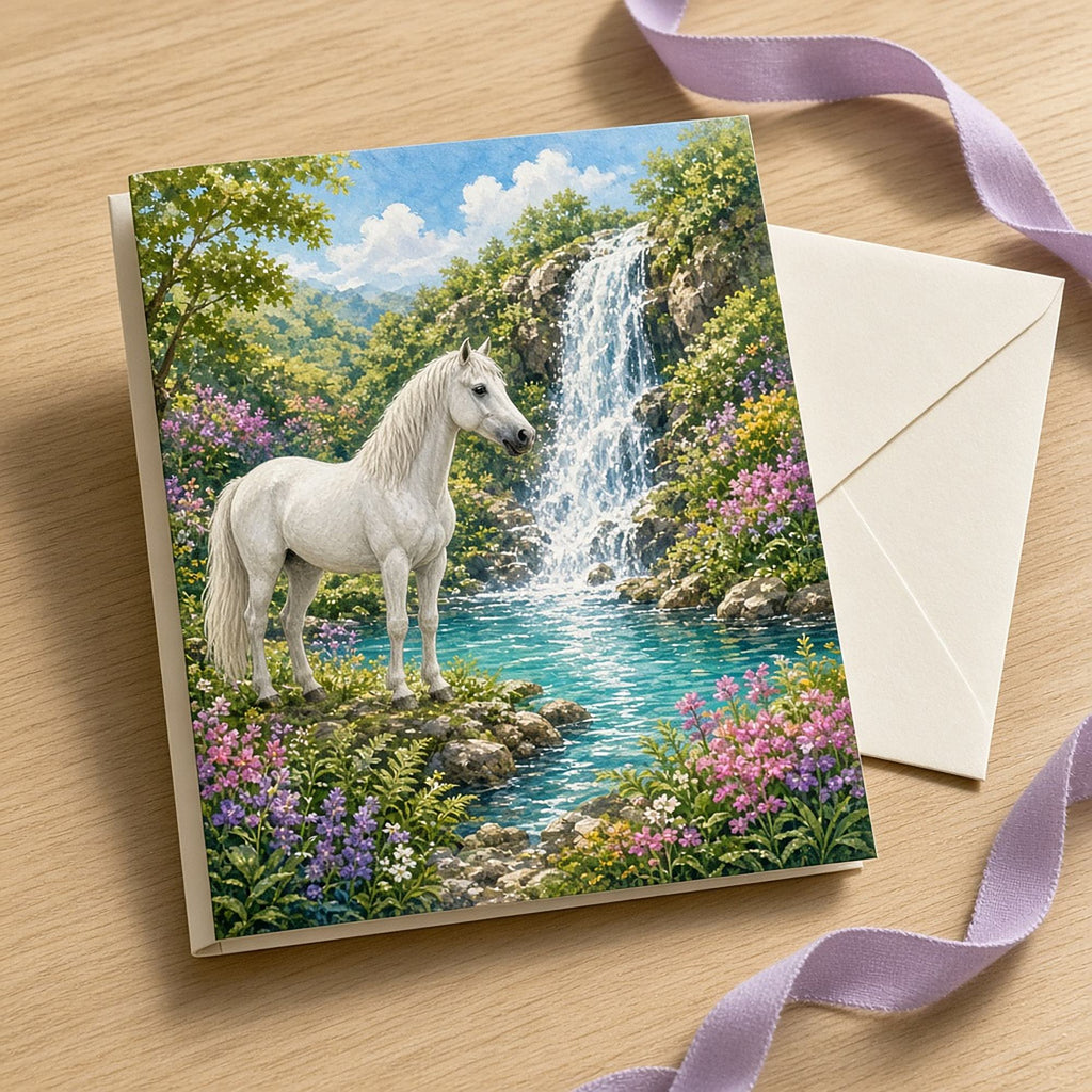 White horse beside a waterfall and turquoise pool with pink and purple flowers printed flat on a greeting card, made with prompt #100