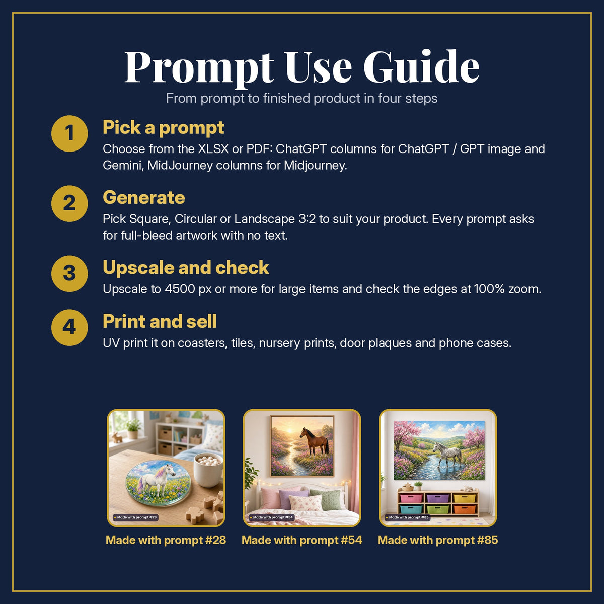 Prompt Use Guide for the Horse Floral Kingdoms Kids Fantasy Prompt Pack: pick a prompt, generate, upscale and check, print and sell, with sample products made with the pack's prompts