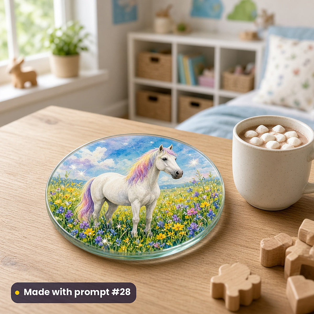 Horse Floral Kingdoms kids' fantasy artwork UV-printed on a glass coaster, made with prompt #28