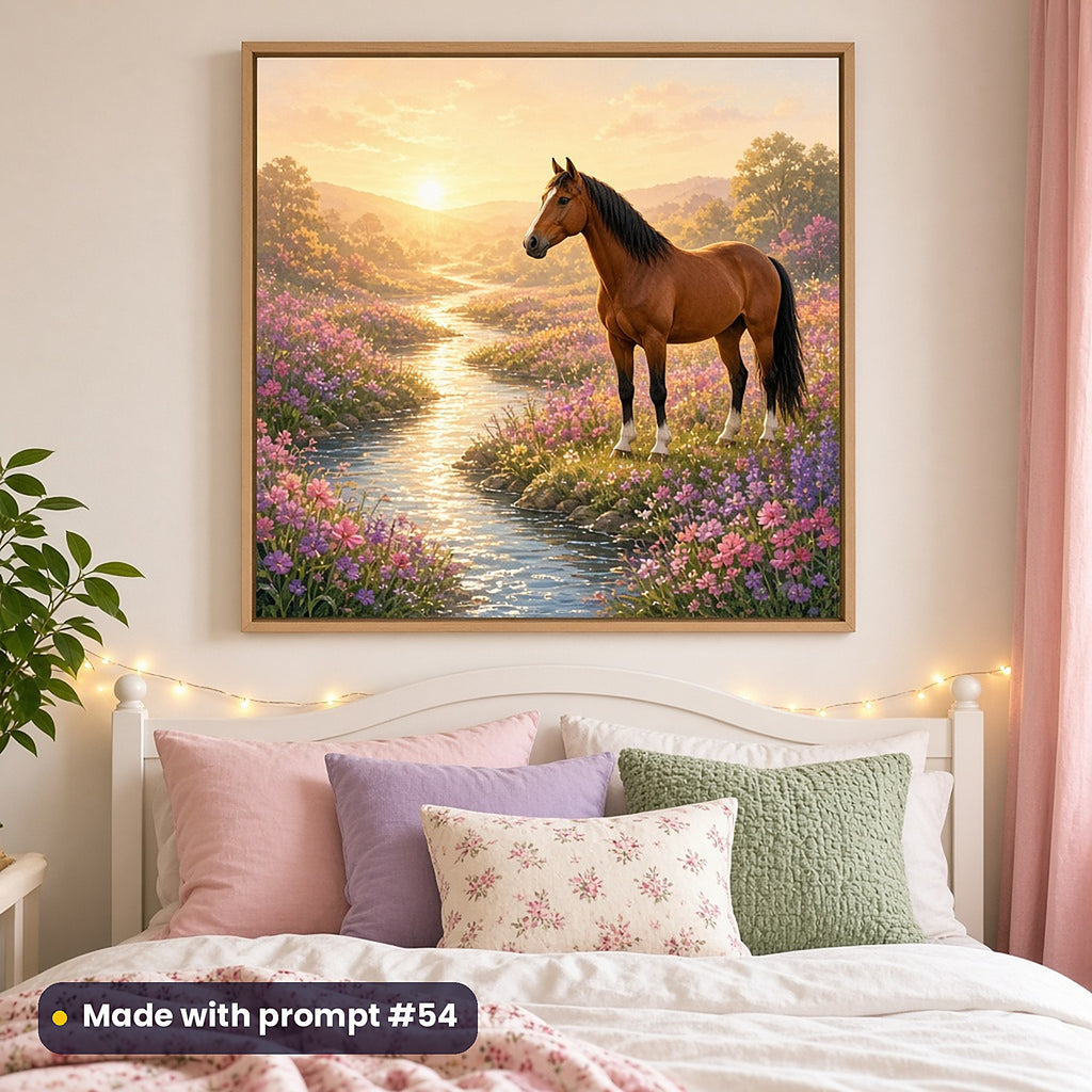 Horse Floral Kingdoms kids' fantasy artwork UV-printed on a framed print, made with prompt #54
