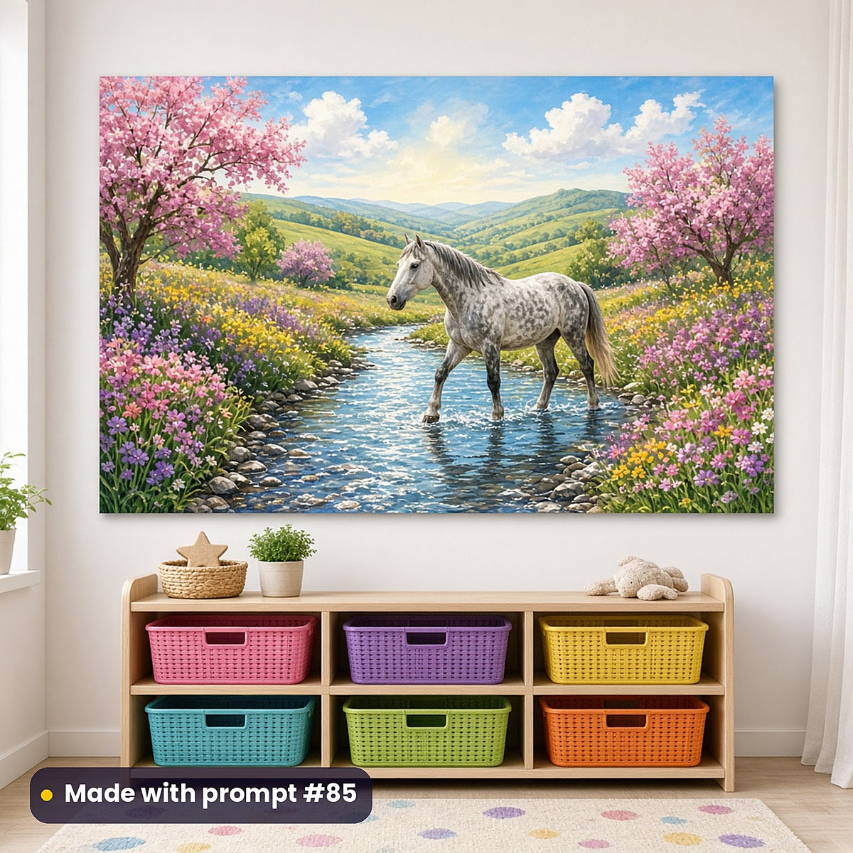 Horse Floral Kingdoms kids' fantasy artwork UV-printed on an acrylic wall panel, made with prompt #85