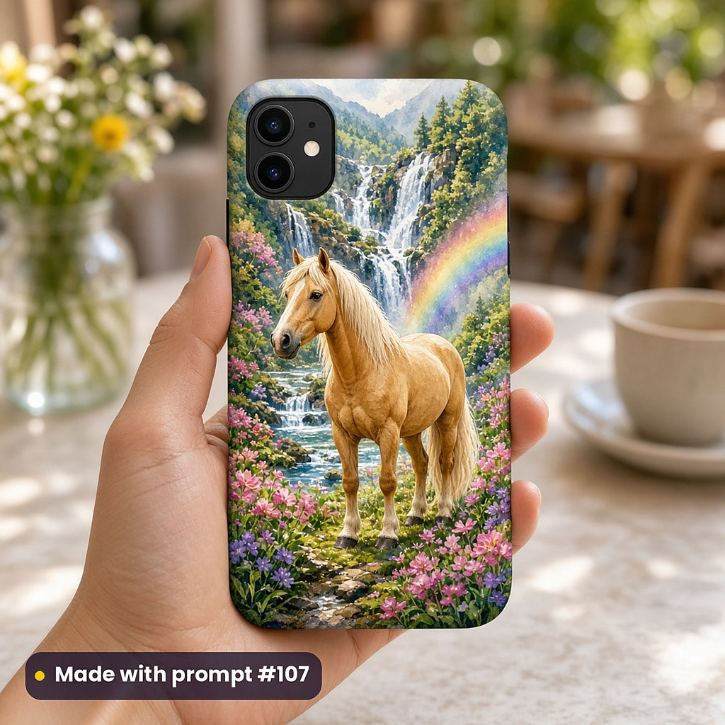 Horse Floral Kingdoms kids' fantasy artwork UV-printed on a phone case, made with prompt #107