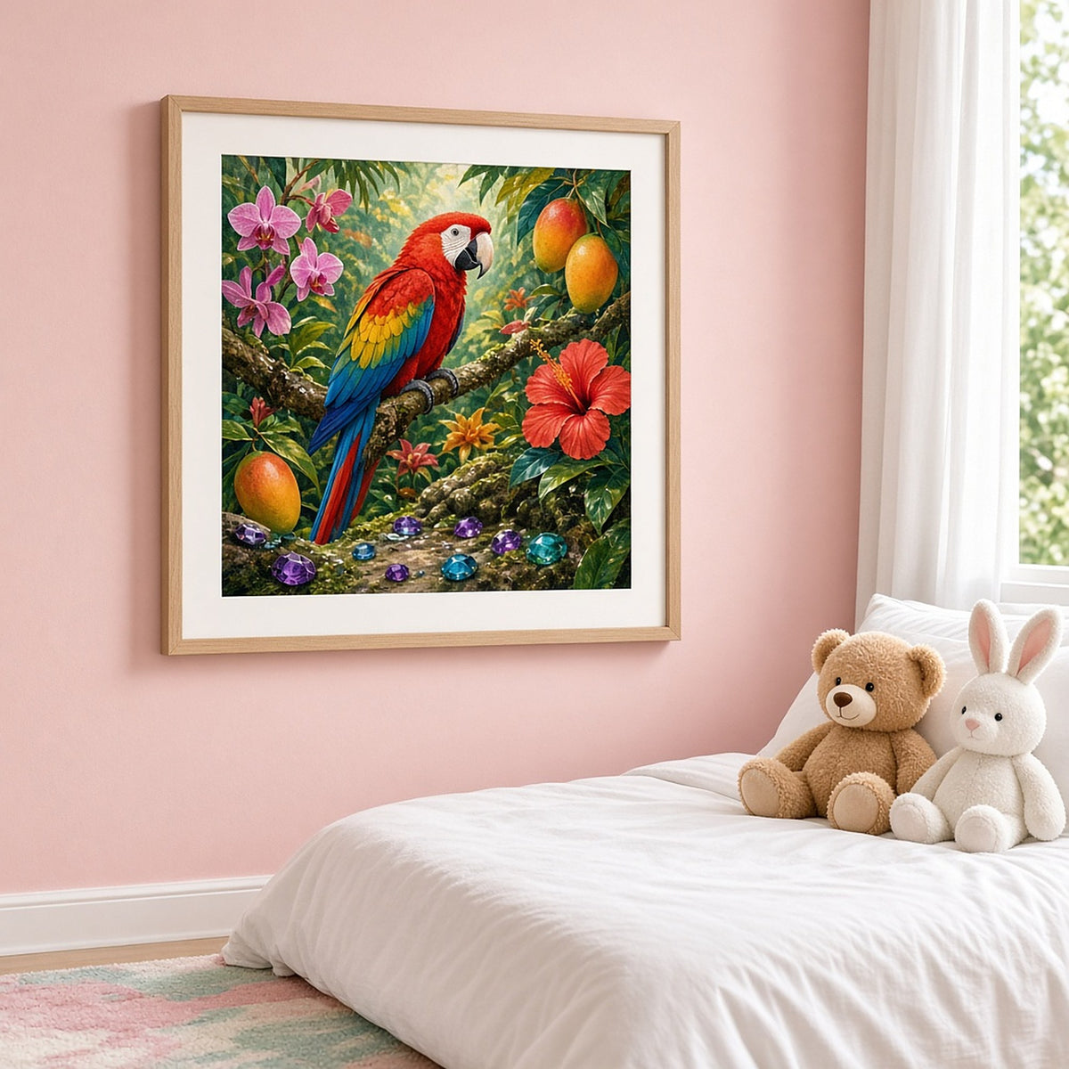 Scarlet macaw on a mossy branch among orchids, hibiscus, mangoes and coloured gems printed flat on a framed print in a child's bedroom, made with prompt #11