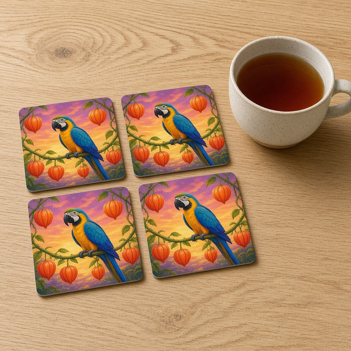 Blue-and-gold macaw on a vine of orange lantern-shaped fruit at sunset printed flat on coasters, made with prompt #55