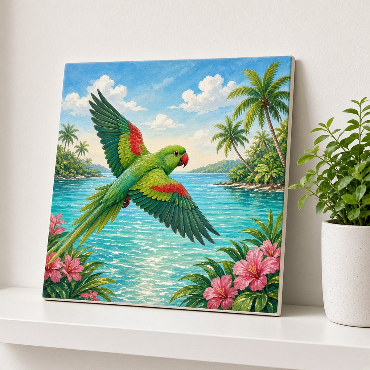 Green parrot flying over a turquoise lagoon with palm trees and pink flowers printed flat on a ceramic tile, made with prompt #100