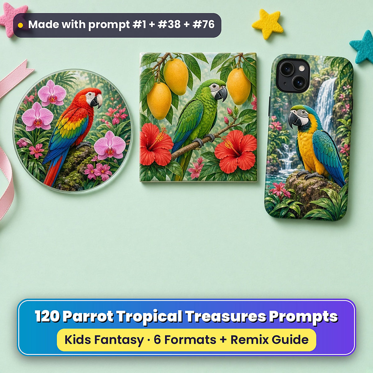 Parrot Tropical Treasures kids' fantasy prompt pack title card with UV-printed coaster, tile and phone case, made with prompt #1 + #38 + #76
