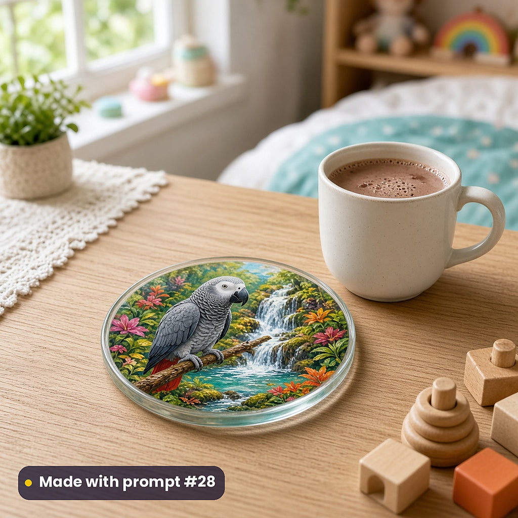 Parrot Tropical Treasures kids' fantasy artwork UV-printed on a glass coaster, made with prompt #28