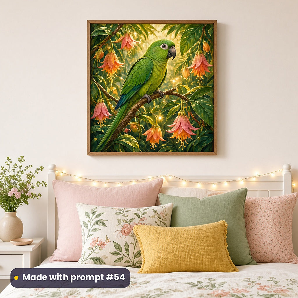 Parrot Tropical Treasures kids' fantasy artwork UV-printed on a framed print, made with prompt #54