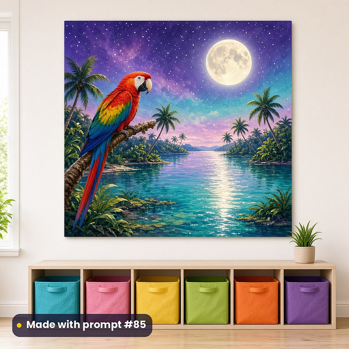Parrot Tropical Treasures kids' fantasy artwork UV-printed on an acrylic wall panel, made with prompt #85