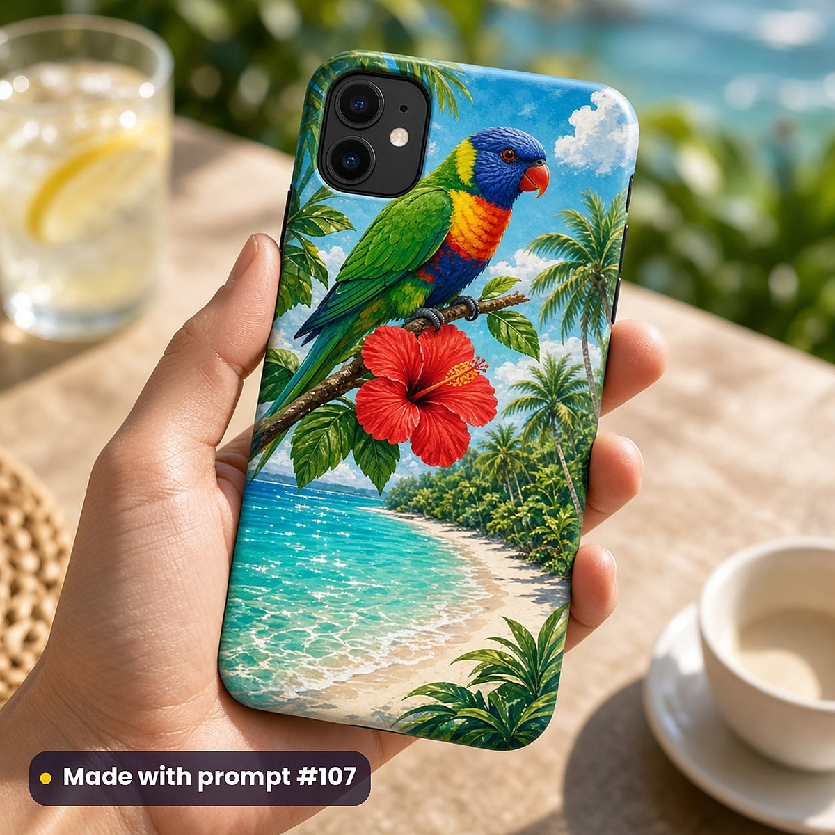 Parrot Tropical Treasures kids' fantasy artwork UV-printed on a phone case, made with prompt #107