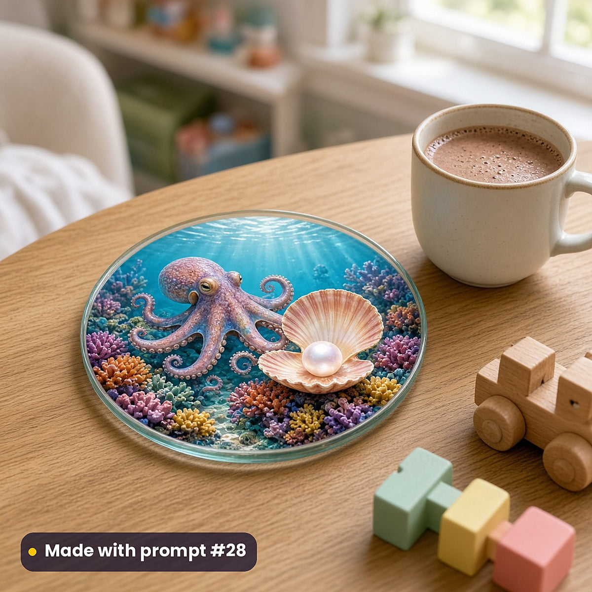 Octopus Pearl Cities kids' fantasy artwork UV-printed on a glass coaster, made with prompt #28