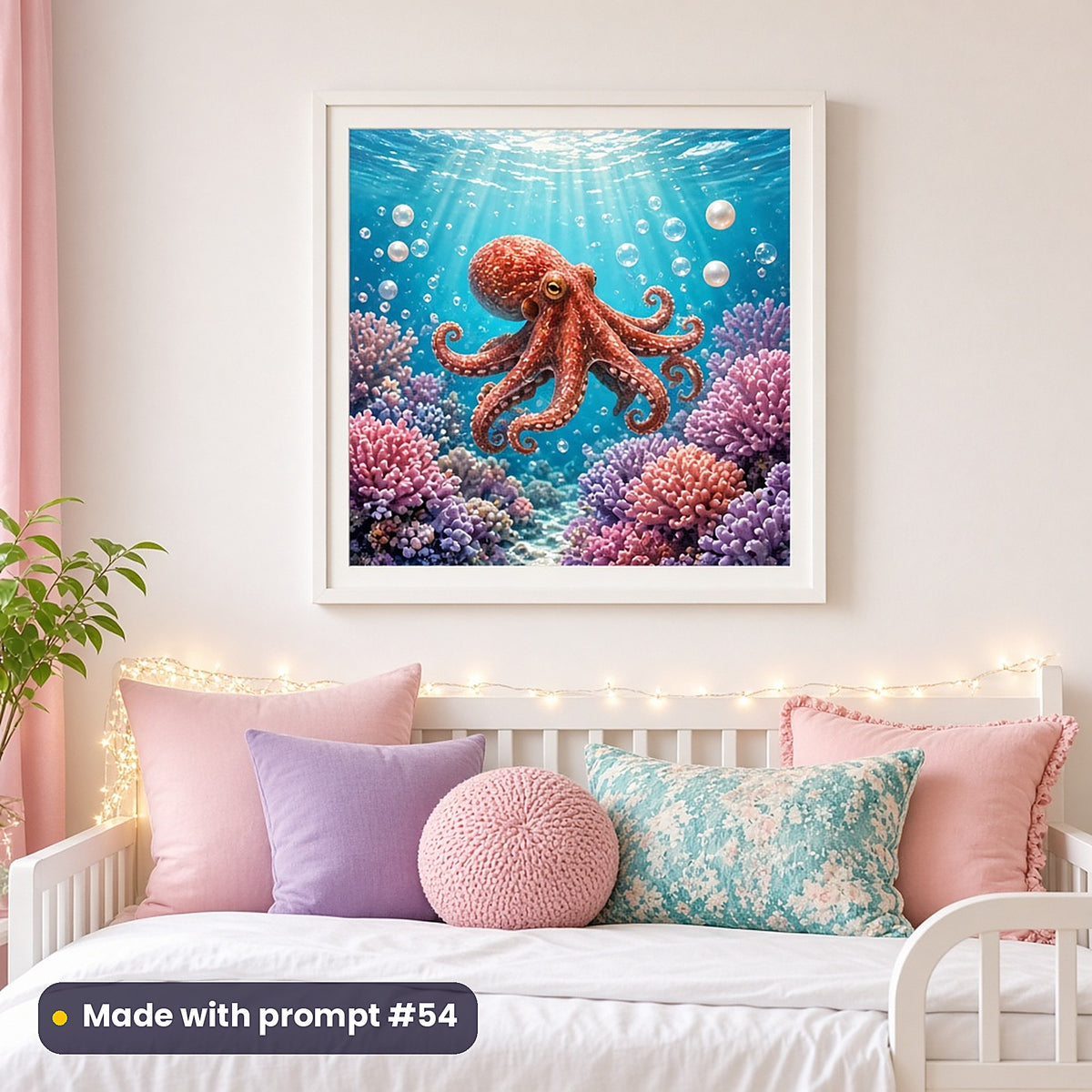 Octopus Pearl Cities kids' fantasy artwork UV-printed on a framed print, made with prompt #54