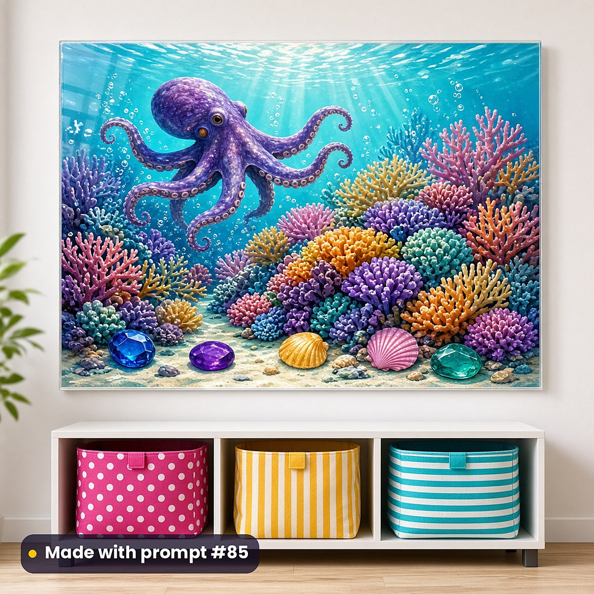 Octopus Pearl Cities kids' fantasy artwork UV-printed on an acrylic wall panel, made with prompt #85