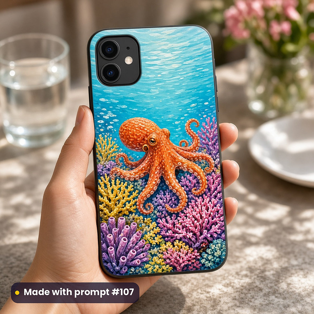 Octopus Pearl Cities kids' fantasy artwork UV-printed on a phone case, made with prompt #107