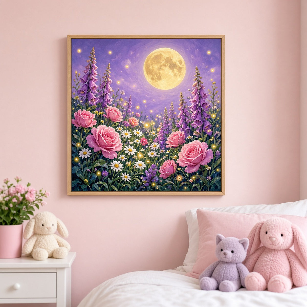 Moonlit garden of pink roses, foxgloves and daisies with glowing fireflies printed flat on a framed print in a child's bedroom, made with prompt #11