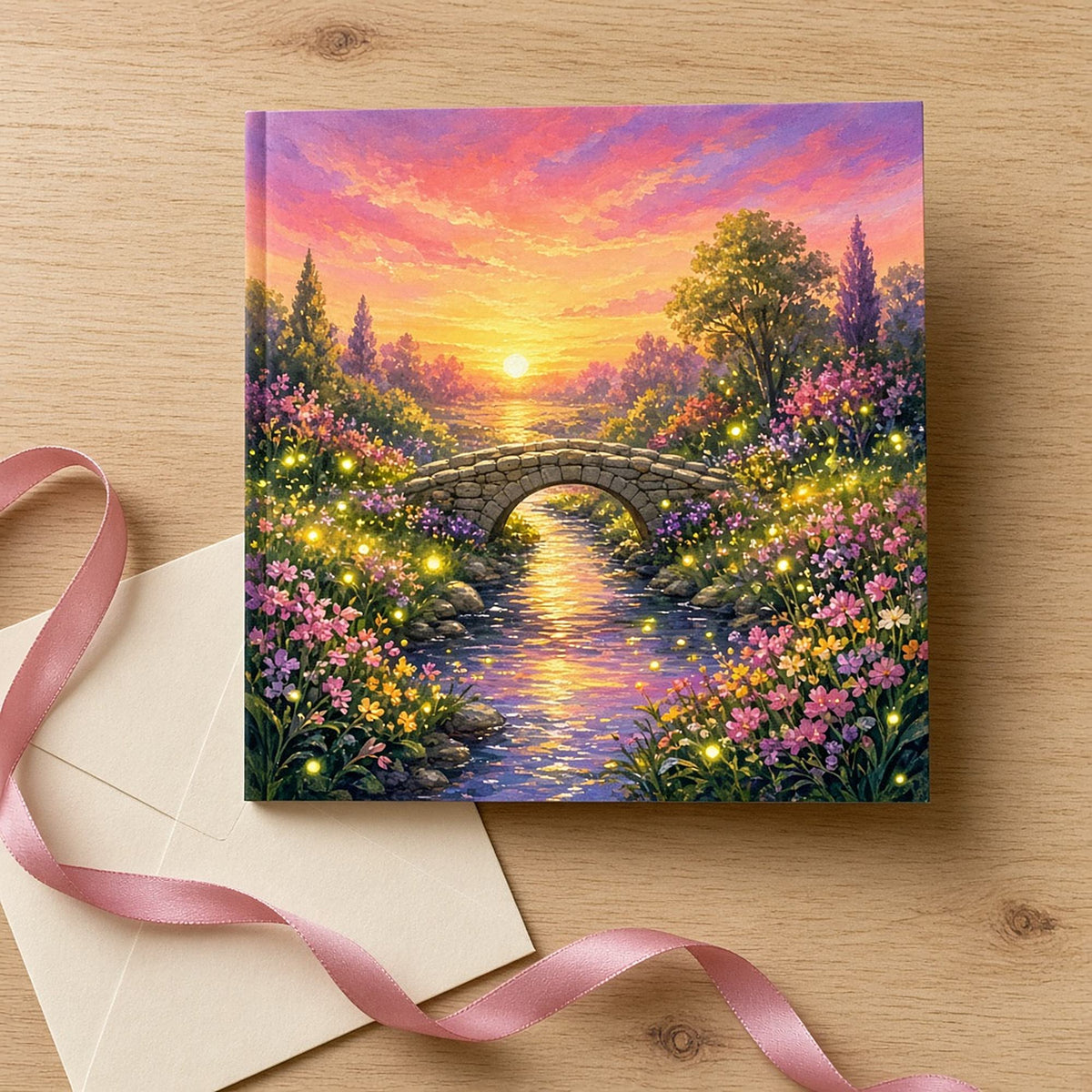 Fireflies over a sparkling stream and small stone bridge at sunset printed flat on a greeting card, made with prompt #55