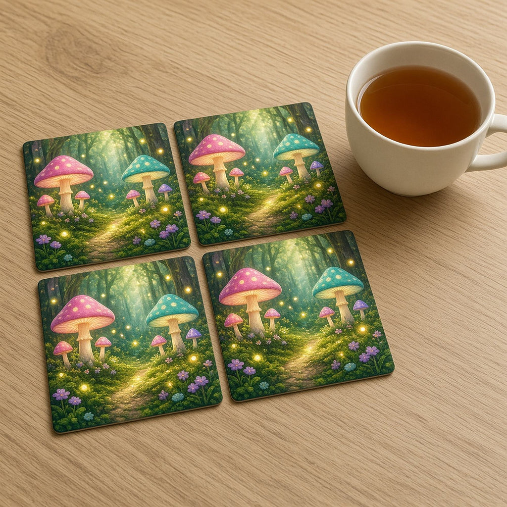 Fireflies around pink and teal mushrooms on a mossy woodland path printed flat on coasters, made with prompt #100