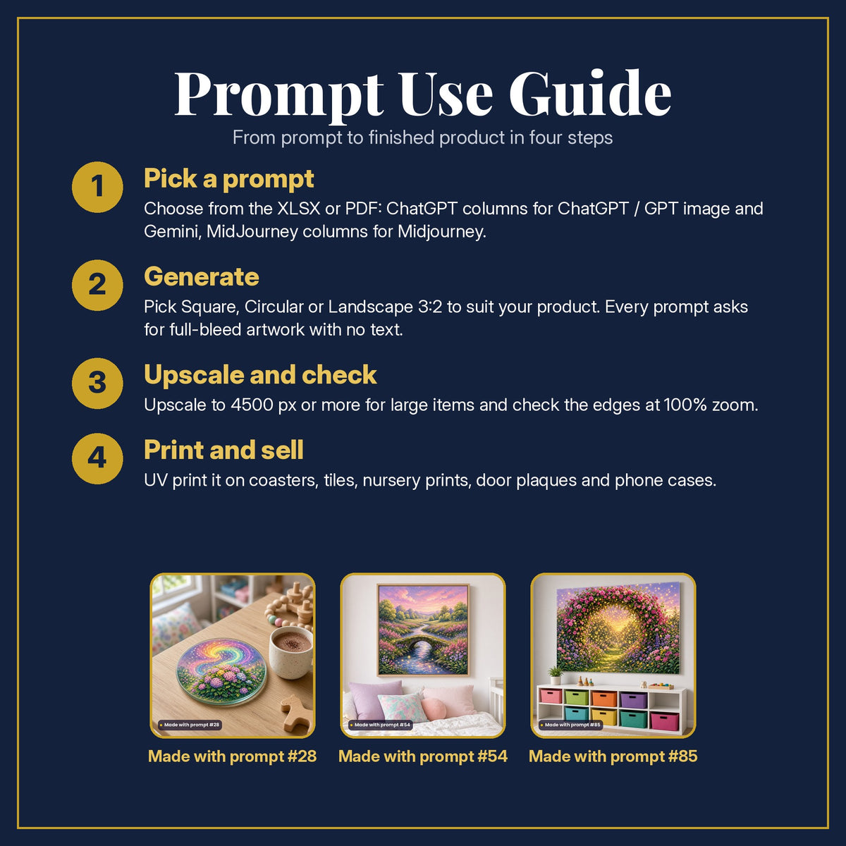 Prompt Use Guide for the Firefly Secret Gardens Kids Fantasy Prompt Pack: pick a prompt, generate, upscale and check, print and sell, with sample products made with the pack's prompts
