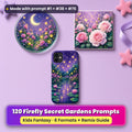 Firefly Secret Gardens kids' fantasy prompt pack title card with UV-printed coaster, tile and phone case, made with prompt #1 + #38 + #76