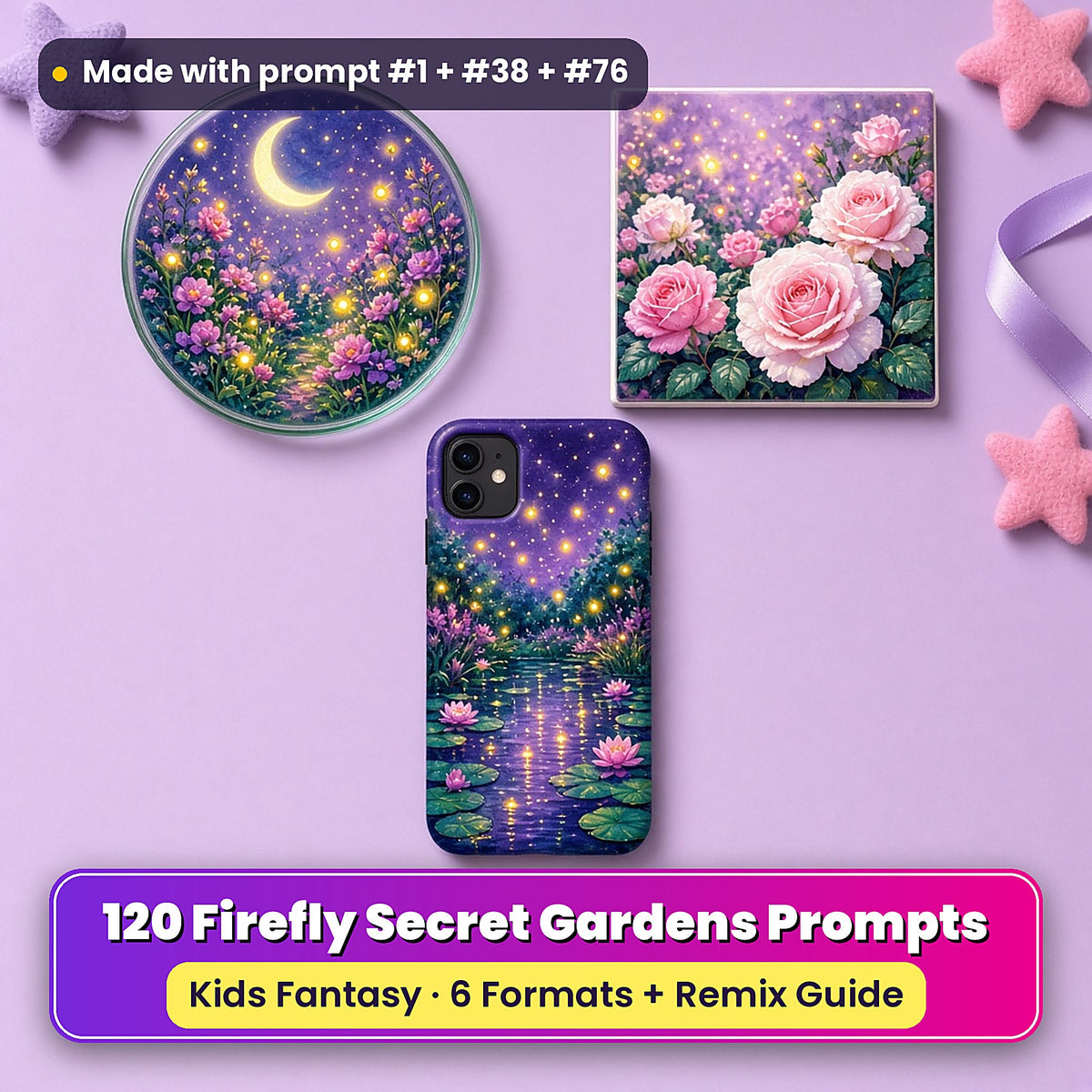 Firefly Secret Gardens kids' fantasy prompt pack title card with UV-printed coaster, tile and phone case, made with prompt #1 + #38 + #76