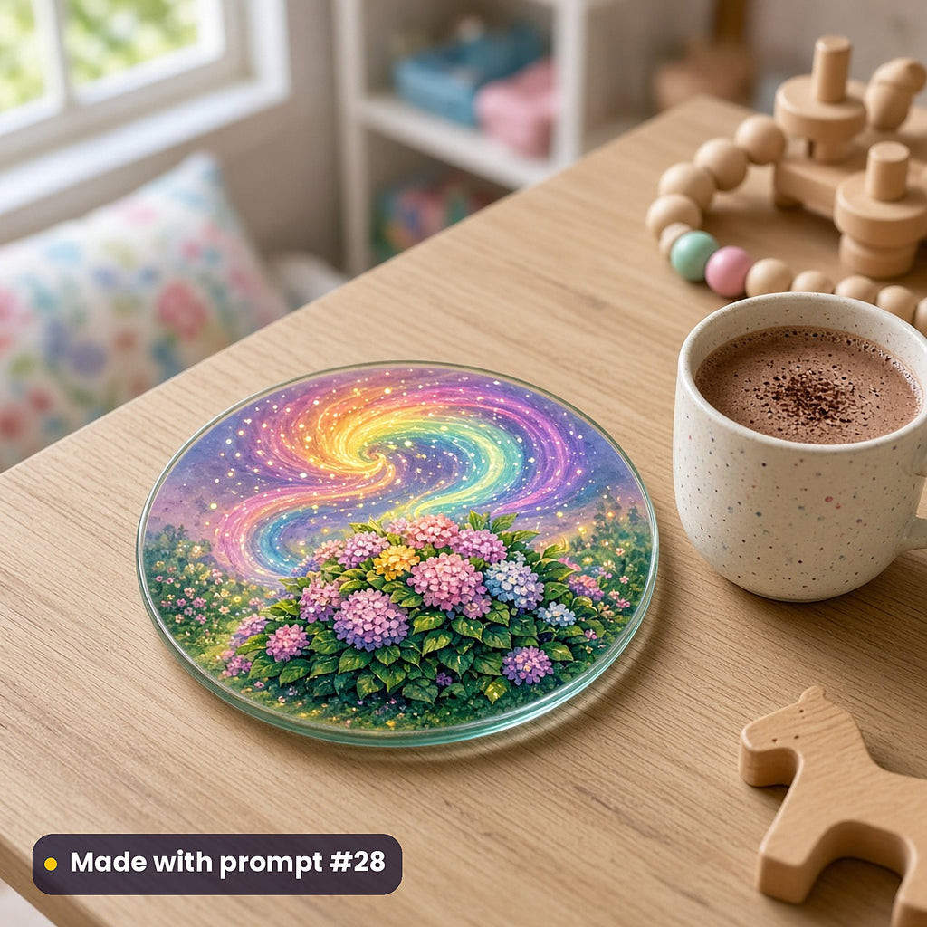 Firefly Secret Gardens kids' fantasy artwork UV-printed on a glass coaster, made with prompt #28