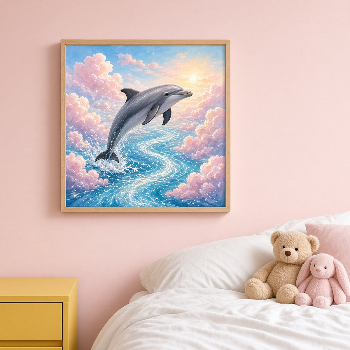 Dolphin leaping along a sparkling river among pink clouds printed flat on a framed print in a child's bedroom, made with prompt #11