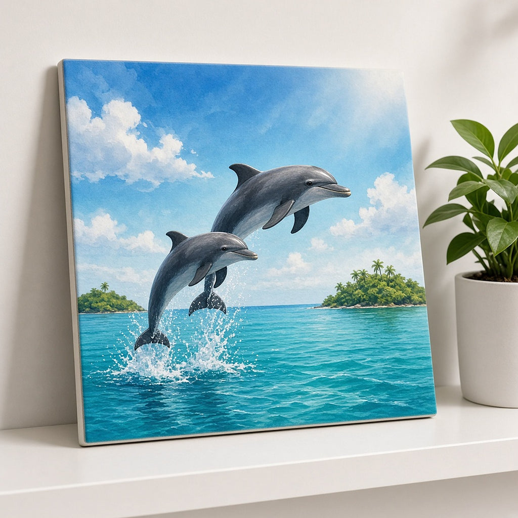 Two dolphins leaping over a turquoise sea near small palm islands printed flat on a ceramic tile, made with prompt #62
