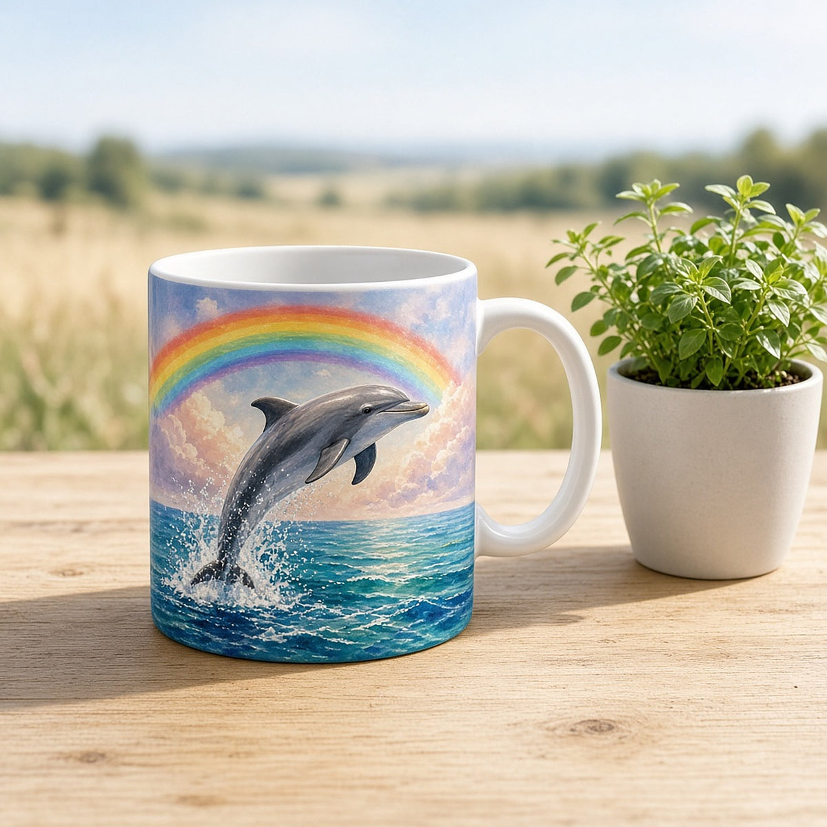 Dolphin leaping from the sea beneath a rainbow printed flat on a white mug, made with prompt #100
