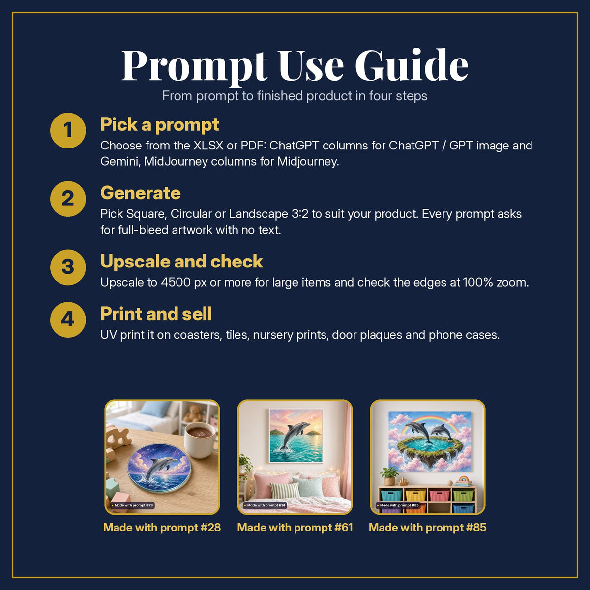 Prompt Use Guide for the Dolphin Sky Rivers Kids Fantasy Prompt Pack: pick a prompt, generate, upscale and check, print and sell, with sample products made with the pack's prompts
