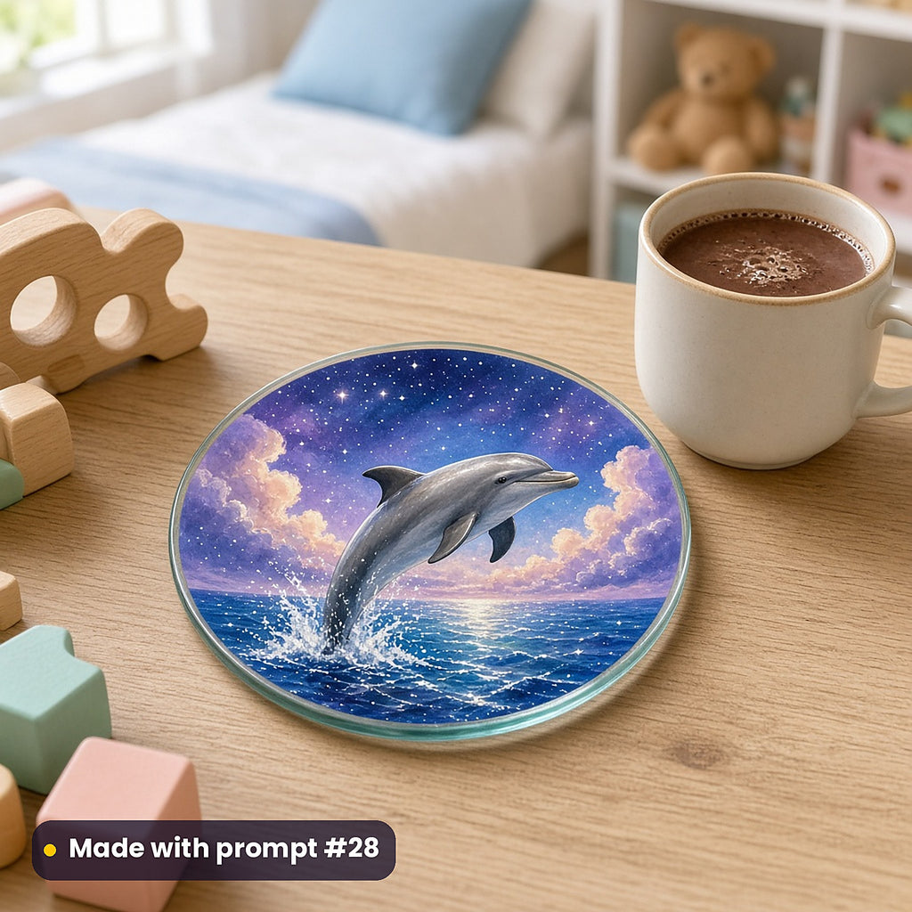 Dolphin Sky Rivers kids' fantasy artwork UV-printed on a glass coaster, made with prompt #28