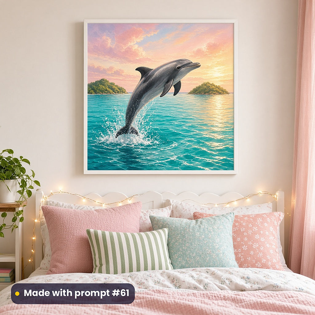 Dolphin Sky Rivers kids' fantasy artwork UV-printed on a framed print, made with prompt #61
