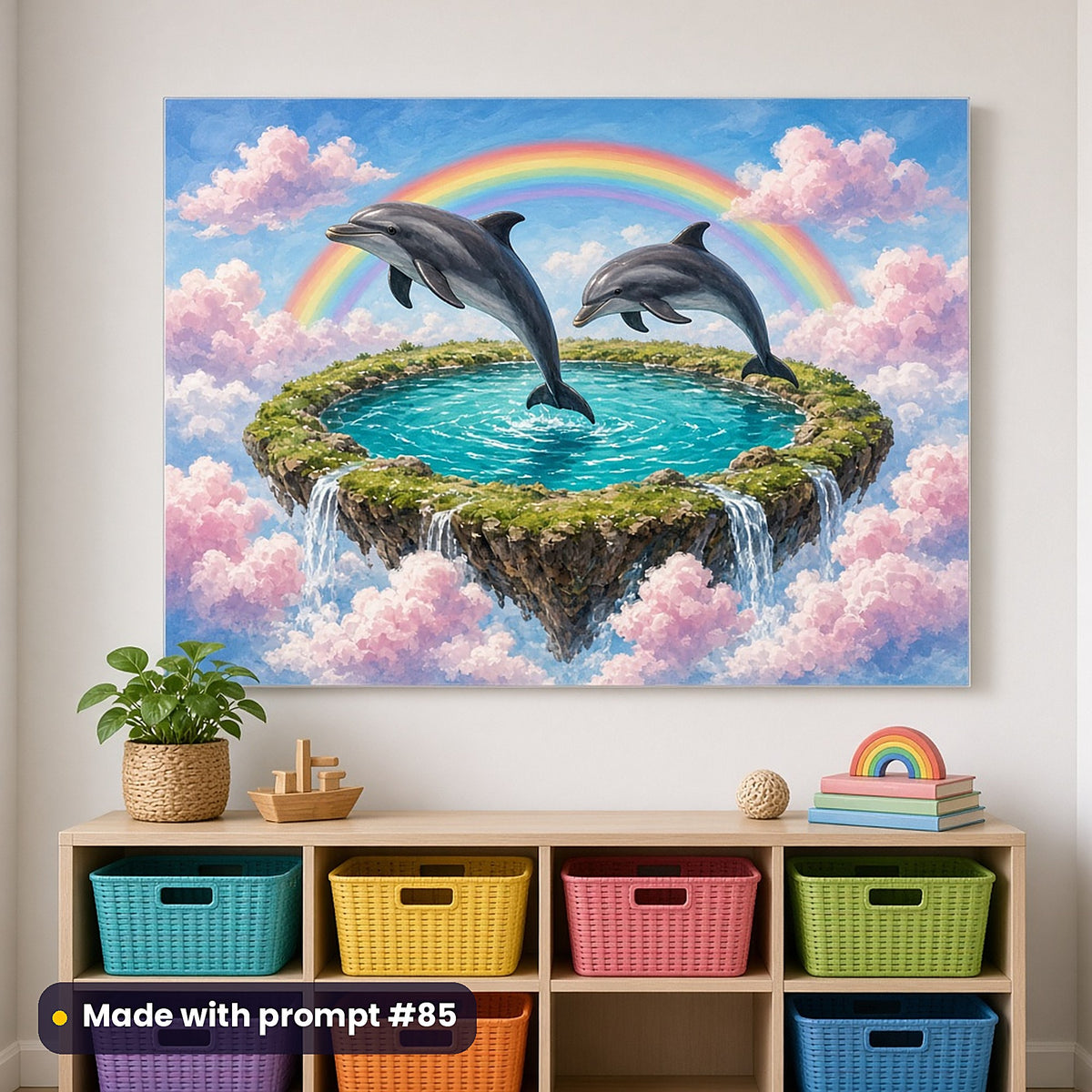Dolphin Sky Rivers kids' fantasy artwork UV-printed on an acrylic wall panel, made with prompt #85