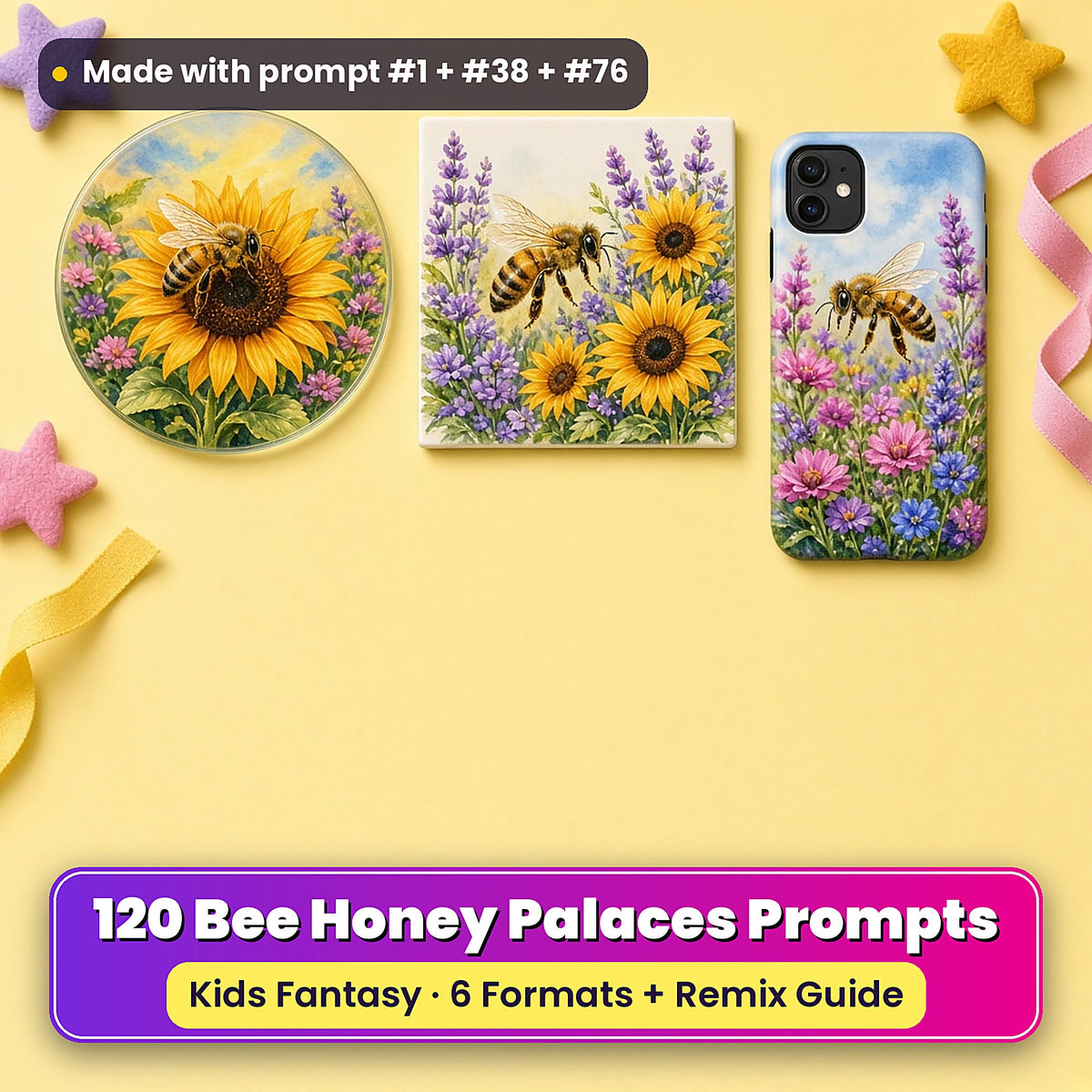 Bee Honey Palaces kids' fantasy prompt pack title card with UV-printed coaster, tile and phone case, made with prompt #1 + #38 + #76