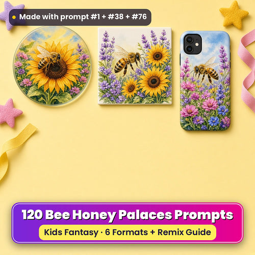 Bee Honey Palaces kids' fantasy prompt pack title card with UV-printed coaster, tile and phone case, made with prompt #1 + #38 + #76
