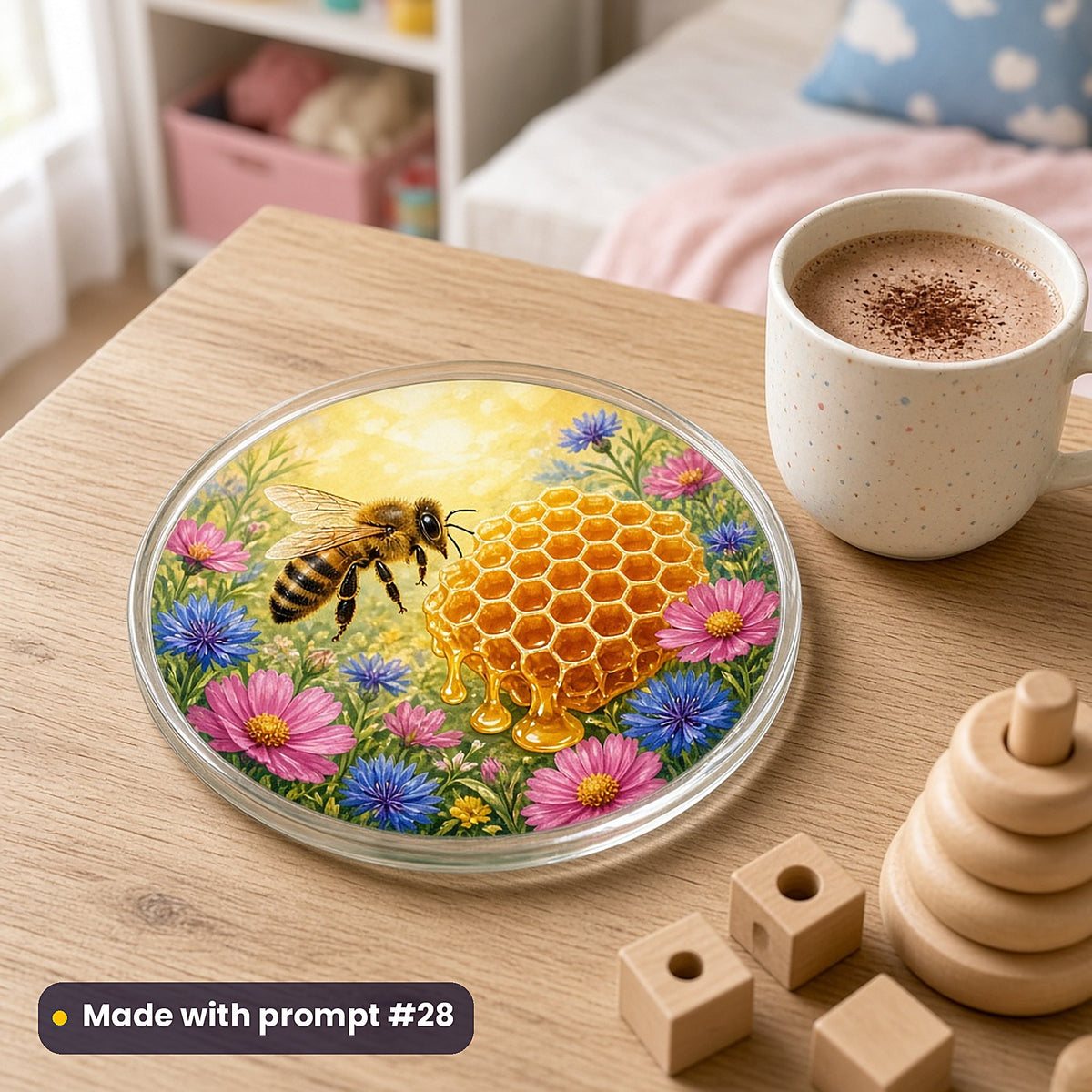 Bee Honey Palaces kids' fantasy artwork UV-printed on a glass coaster, made with prompt #28