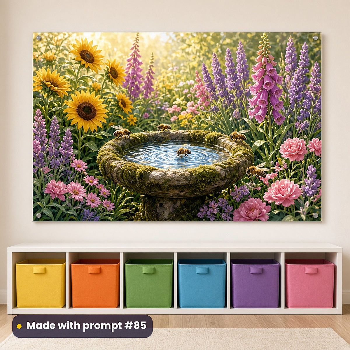 Bee Honey Palaces kids' fantasy artwork UV-printed on an acrylic wall panel, made with prompt #85