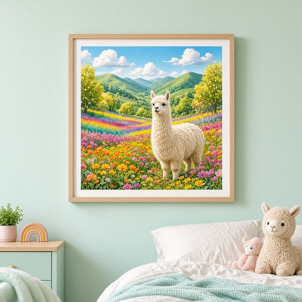 Fluffy cream llama standing in a rainbow-striped wildflower valley with green hills and blue sky printed flat on a framed print in a child's bedroom, made with prompt #11