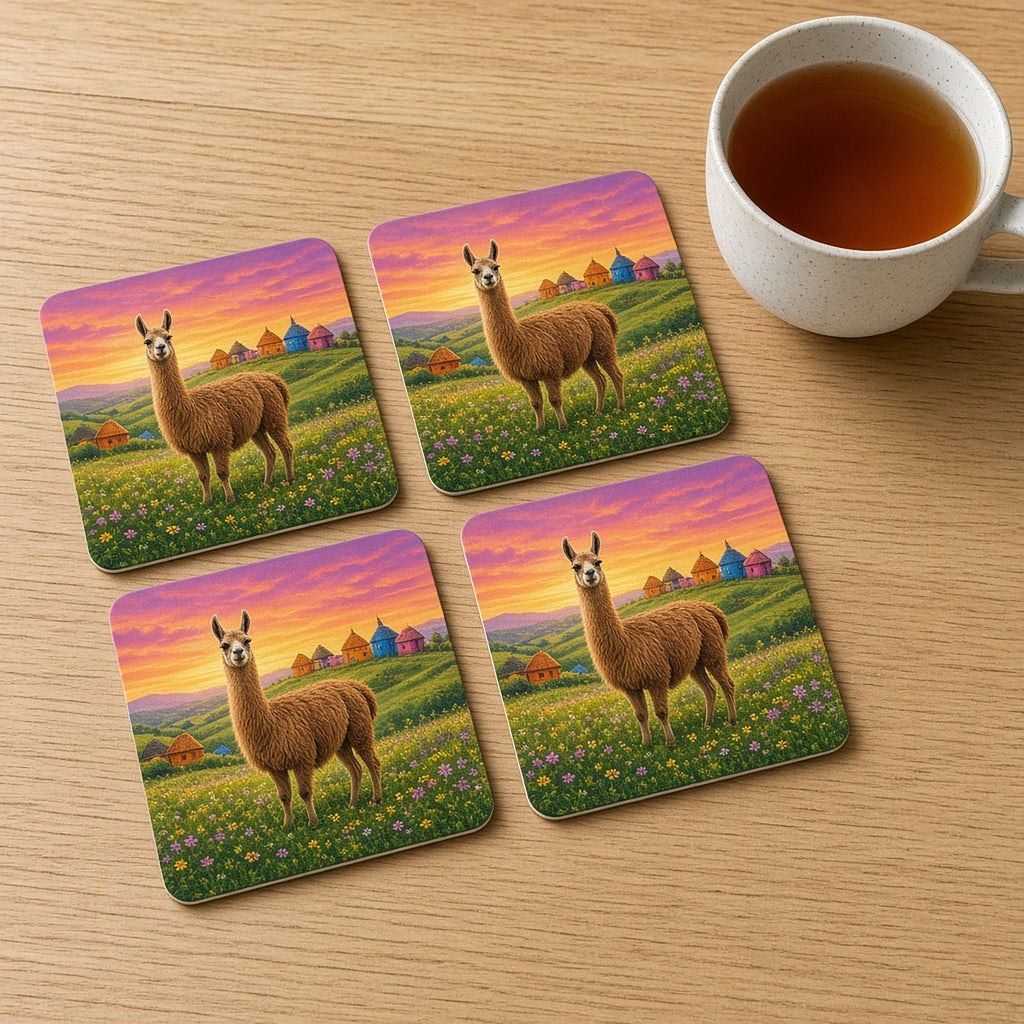 Brown llama on a flowery green hillside at sunset with colourful round huts in the distance printed flat on coasters, made with prompt #55